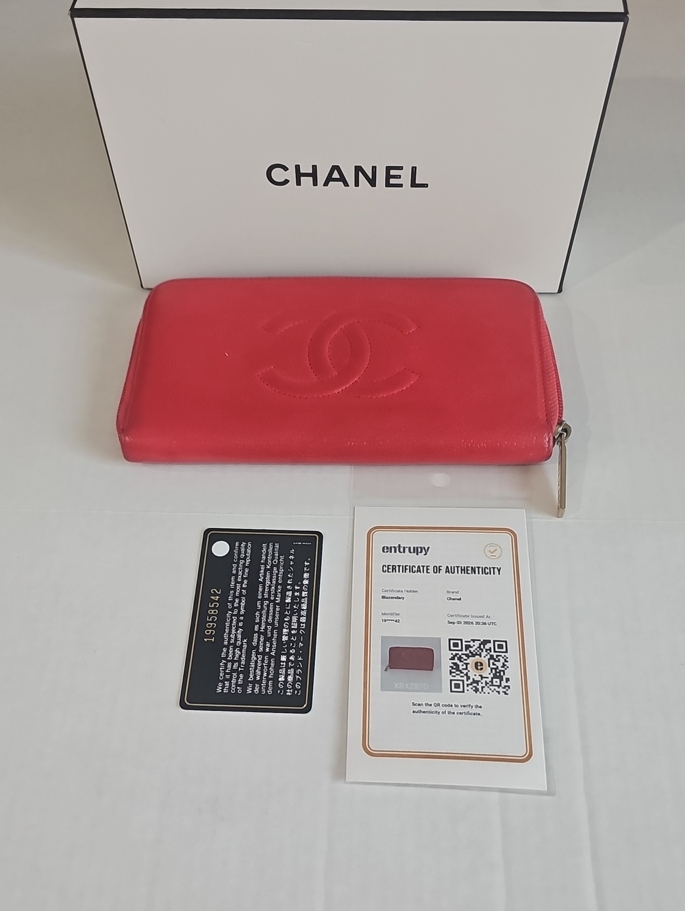 Authentic Chanel Red Leather Zip-Around Wallet Large CC | Box, Card & Entrupy